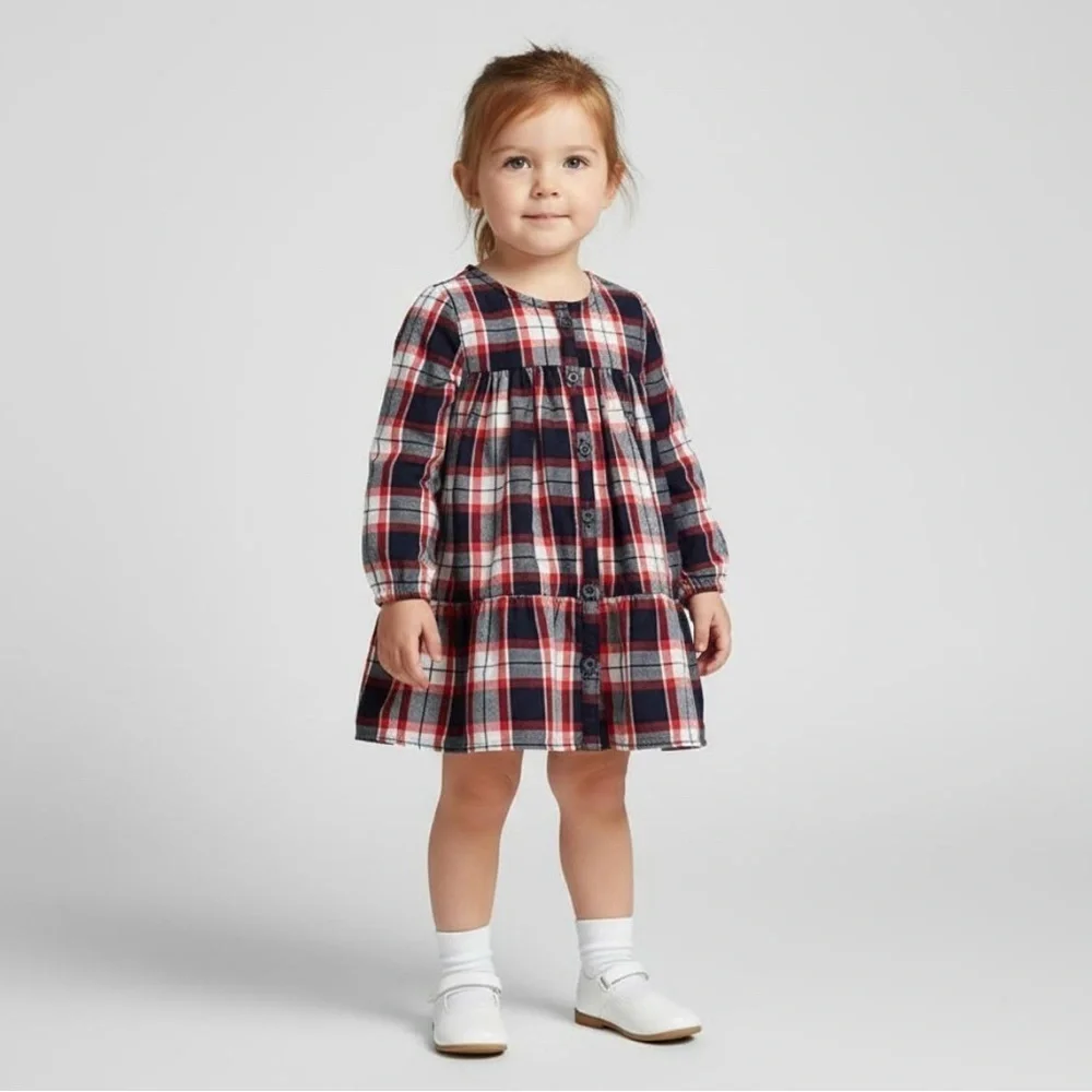 The Children’s Place Baby Girl Holiday Plaid Button Ruffle Dress Size 12-18
